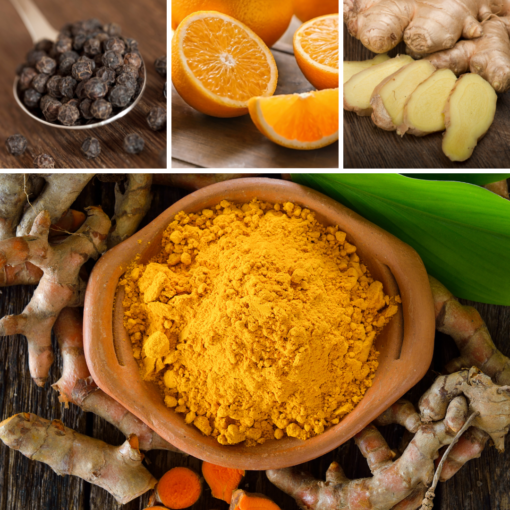 4 square image of black peppercorns, quatered ranges sliced fresh ginger and ground turmeric in a wooden bowl.